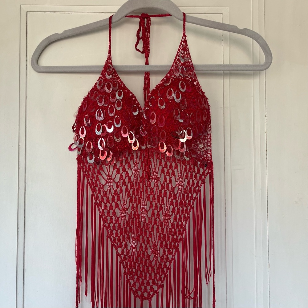Oh Red Crochet Fringe Halter Top